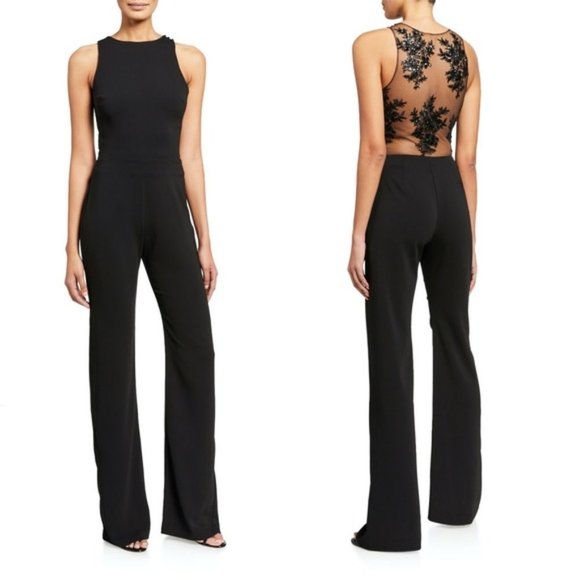 🆕️ NEW LOVE, THEIA Sequin Lace Illusion Back Sleeveless Crepe Jumpsuit 2 - Picture 6 of 10